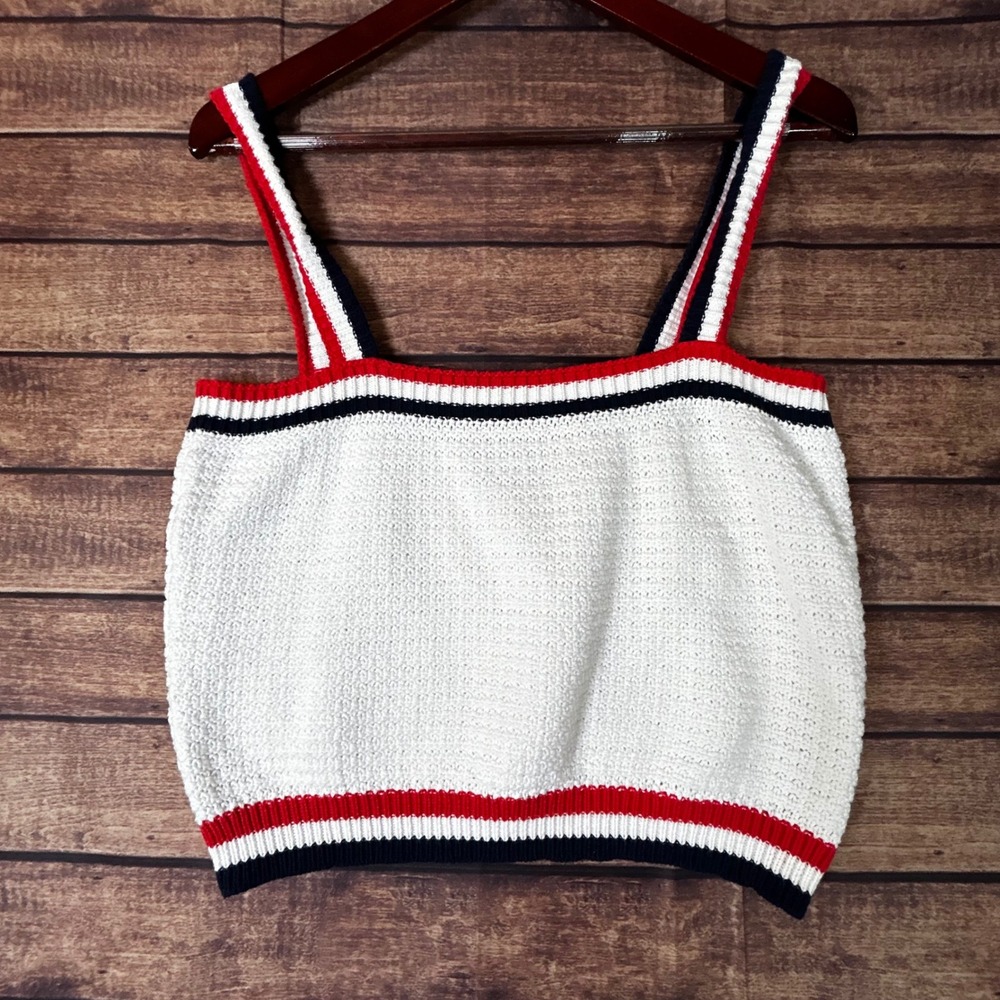Blue Rain Francesca Womens White Knit Stripe Tank Top Nautical Patriotic Crop L